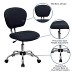 Chaise de bureau pivotante sans accoudoirs à dossier mi-haut en maille, monoposte – Plusieurs coloris