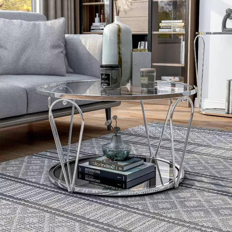 Table basse ronde en verre de 31 po – Nickel noir/Chrome, style contemporain, 1 place