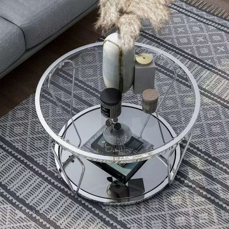 Table basse ronde en verre de 31 po – Nickel noir/Chrome, style contemporain, 1 place