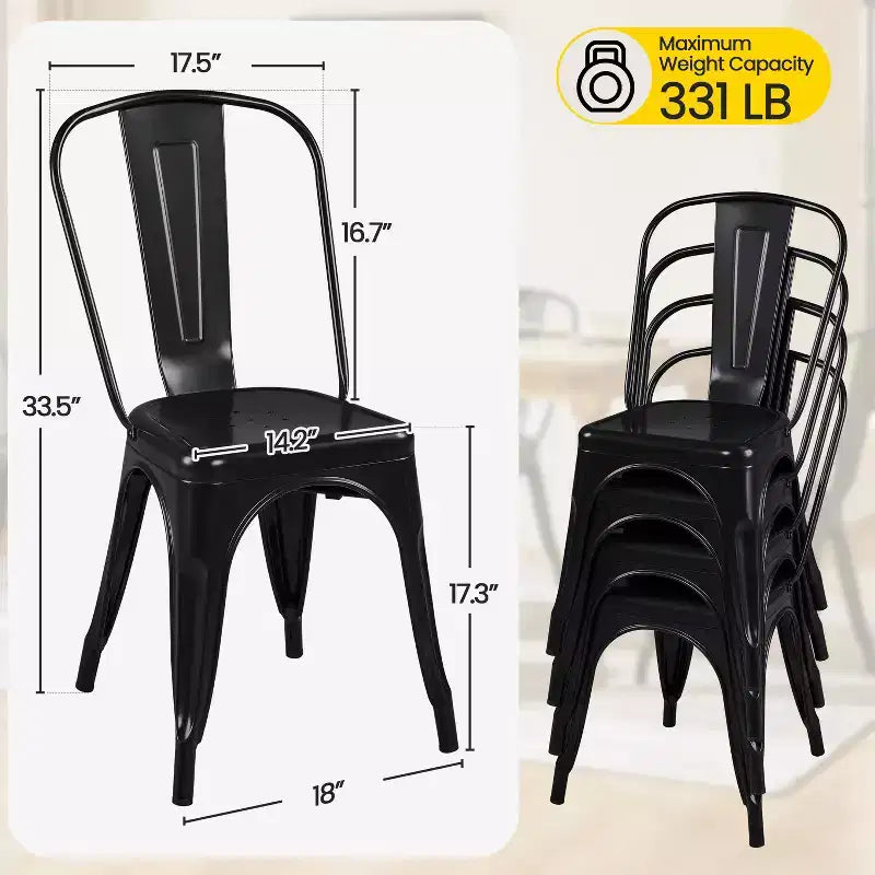 Chaise de salle à manger empilable en métal, lot de 4 (noir / blanc vieilli / métal)