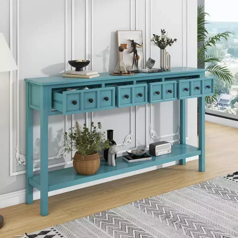 Console rustique avec 4 tiroirs et étagère inférieure – Blanc antique / Bleu / Espresso / Marine, 1 personne