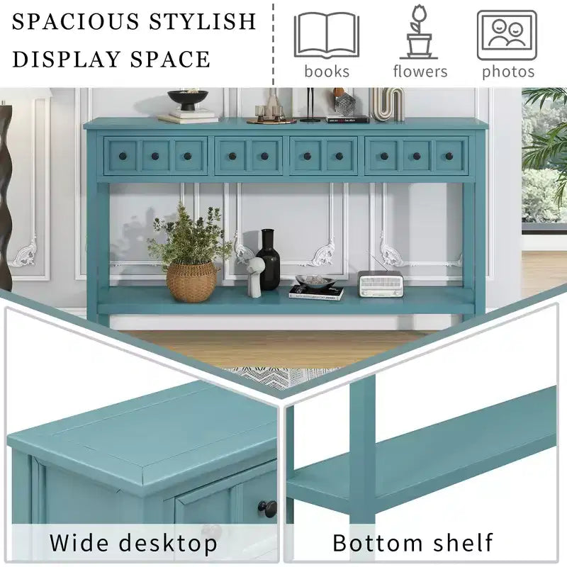 Console rustique avec 4 tiroirs et étagère inférieure – Blanc antique / Bleu / Espresso / Marine, 1 personne