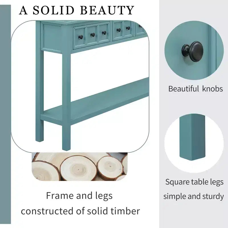 Console rustique avec 4 tiroirs et étagère inférieure – Blanc antique / Bleu / Espresso / Marine, 1 personne