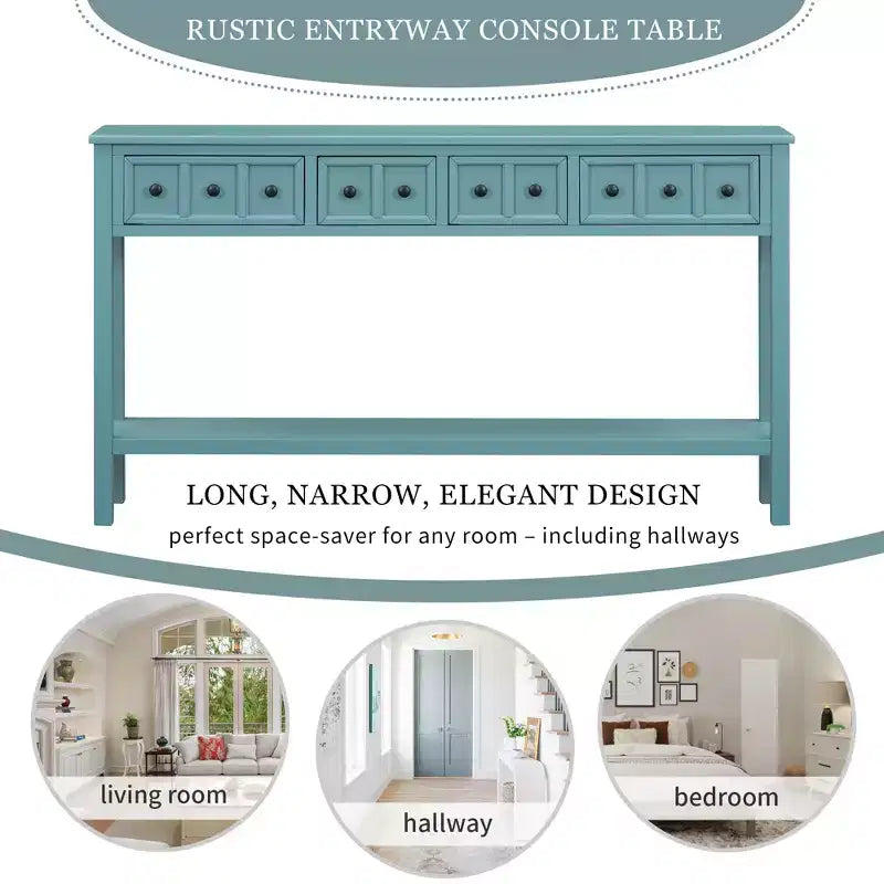 Console rustique avec 4 tiroirs et étagère inférieure – Blanc antique / Bleu / Espresso / Marine, 1 personne