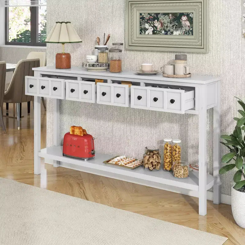 Console rustique avec 4 tiroirs et étagère inférieure – Blanc antique / Bleu / Espresso / Marine, 1 personne