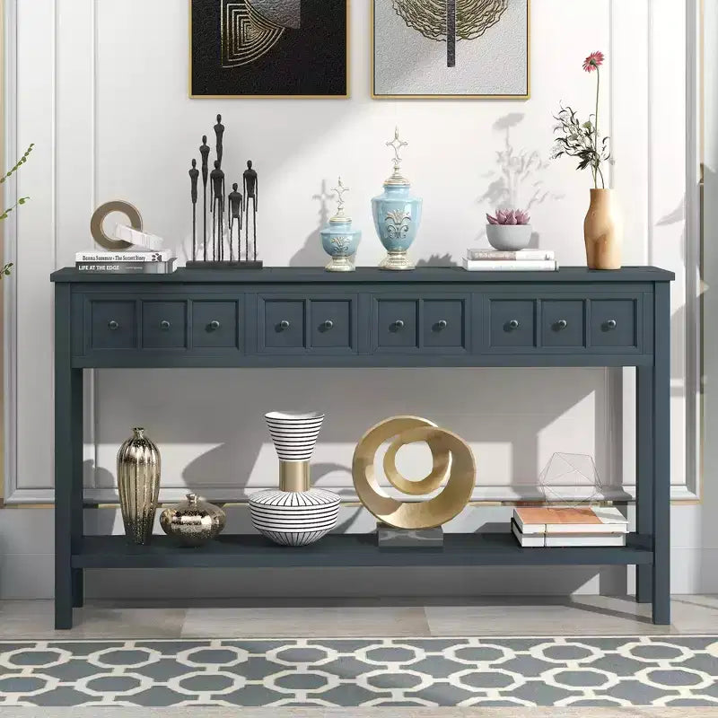 Console rustique avec 4 tiroirs et étagère inférieure – Blanc antique / Bleu / Espresso / Marine, 1 personne