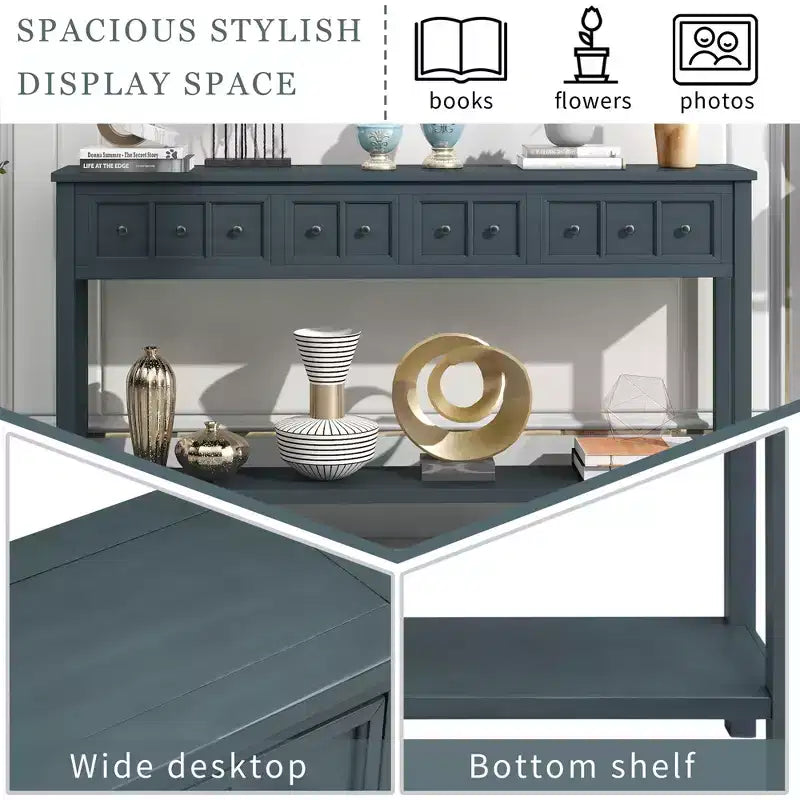 Console rustique avec 4 tiroirs et étagère inférieure – Blanc antique / Bleu / Espresso / Marine, 1 personne
