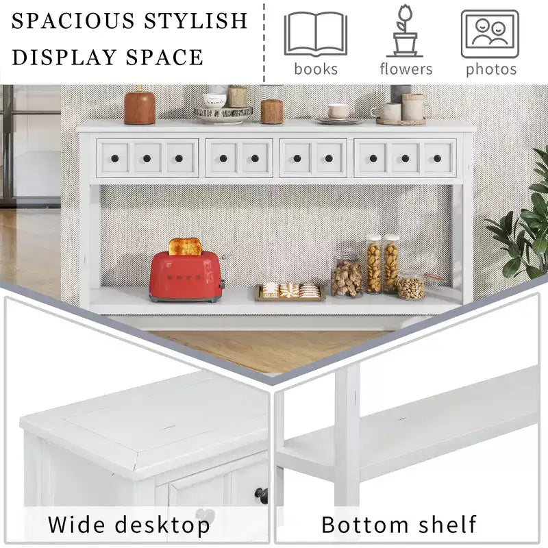 Console rustique avec 4 tiroirs et étagère inférieure – Blanc antique / Bleu / Espresso / Marine, 1 personne