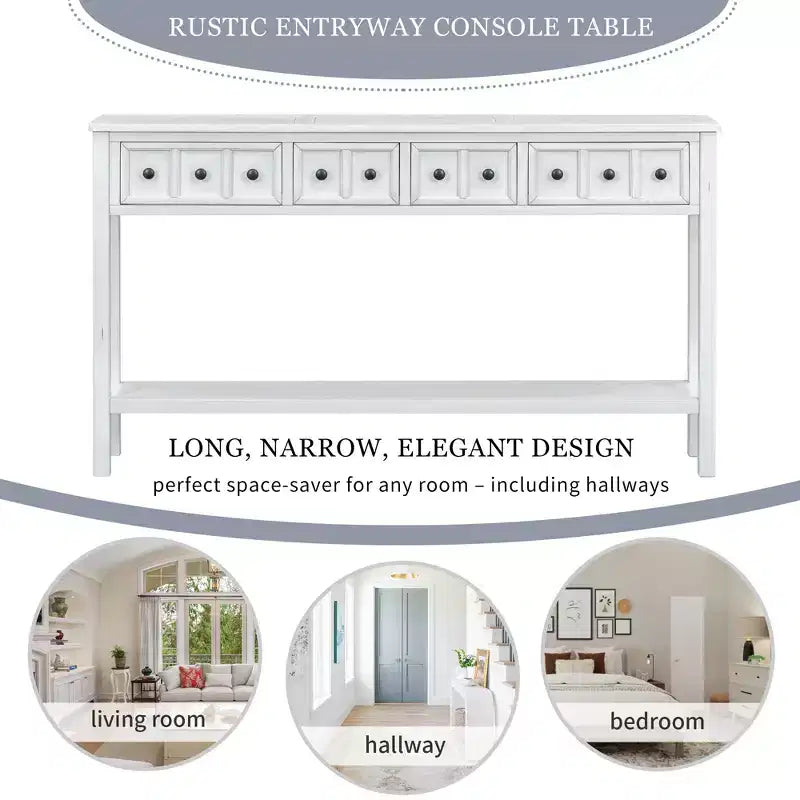 Console rustique avec 4 tiroirs et étagère inférieure – Blanc antique / Bleu / Espresso / Marine, 1 personne