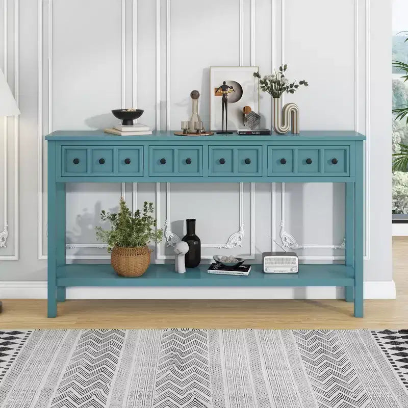 Console rustique avec 4 tiroirs et étagère inférieure – Blanc antique / Bleu / Espresso / Marine, 1 personne