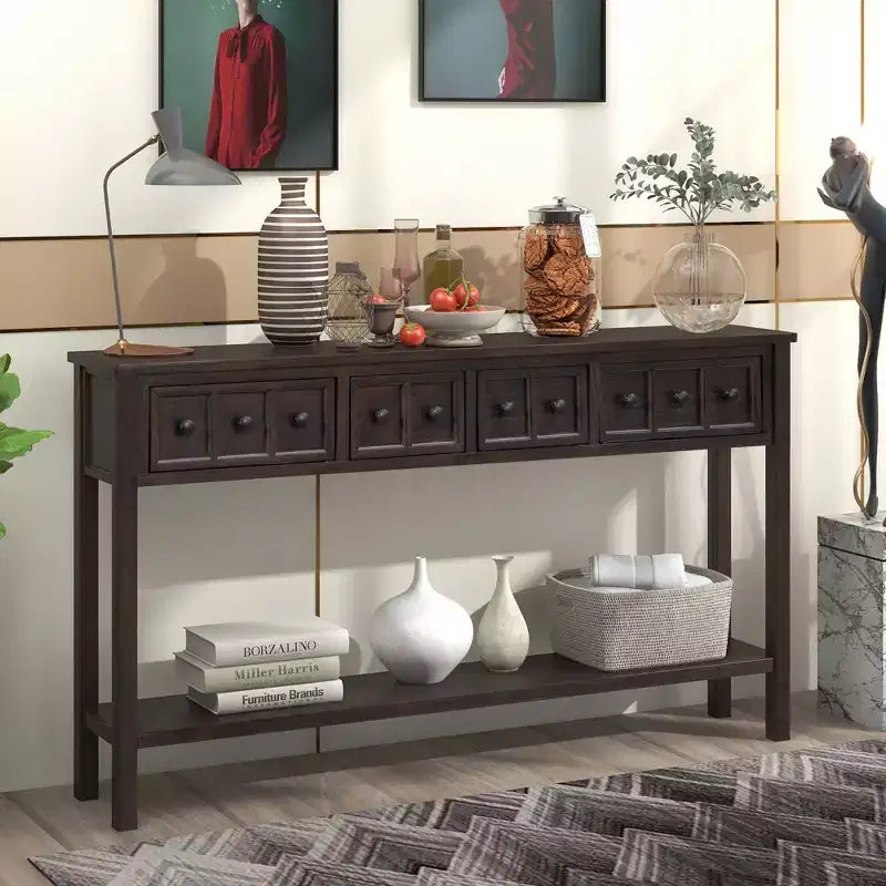 Console rustique avec 4 tiroirs et étagère inférieure – Blanc antique / Bleu / Espresso / Marine, 1 personne