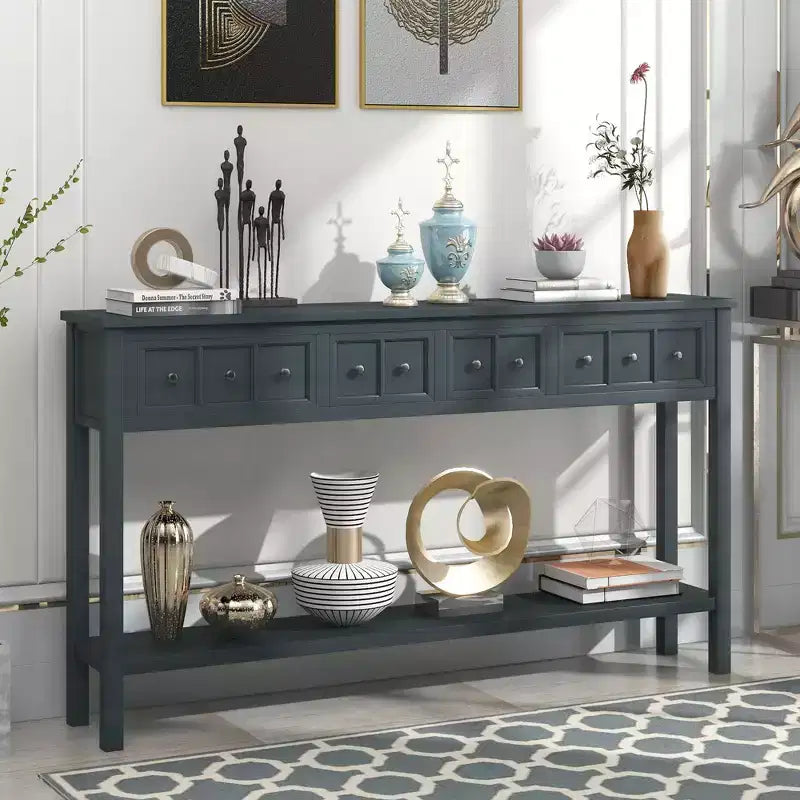 Console rustique avec 4 tiroirs et étagère inférieure – Blanc antique / Bleu / Espresso / Marine, 1 personne